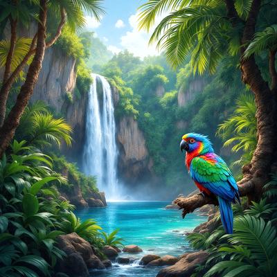 The primary subject of the image is a colorful parrot perched on a tree branch near a waterfall. The setting is a lush, tropical environment with a blue waterfall and a forest filled with green trees. The visual style is a digital art or illustration, creating a vibrant and lively atmosphere. The dominant colors are green, blue, and the bright colors of the parrot, contributing to a serene and natural mood.